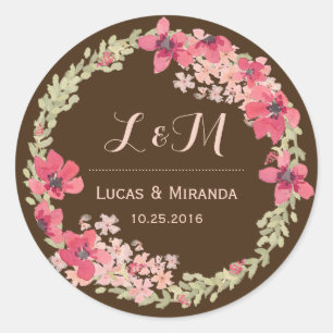 Rustic Brown Pink Floral Wreath Wedding Sticker