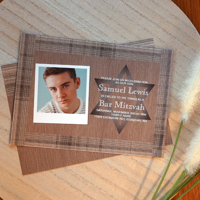Rustic Brown Plaid Bar Mitzvah Photo Invitation  (Unique beige, Plaid Bar Mitzvah Invitation with Star of David. Scrapbook style photo layout.)