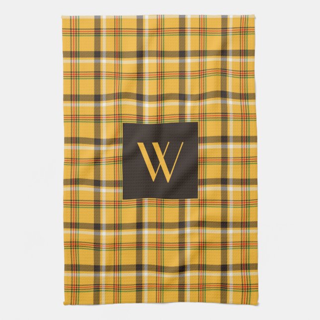 Rustic Brown Plaid Pattern Monogram Tea Towel (Vertical)