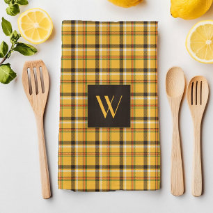 Rustic Brown Plaid Pattern Monogram Tea Towel