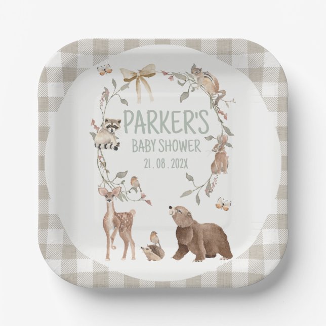 Rustic Brown Plaid Woodland Baby Shower Paper Paper Plate (Front)