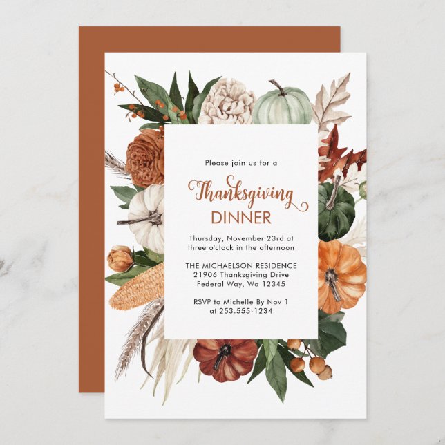 Rustic Brown Pumpkin Thanksgiving Dinner Invitation (Front/Back)
