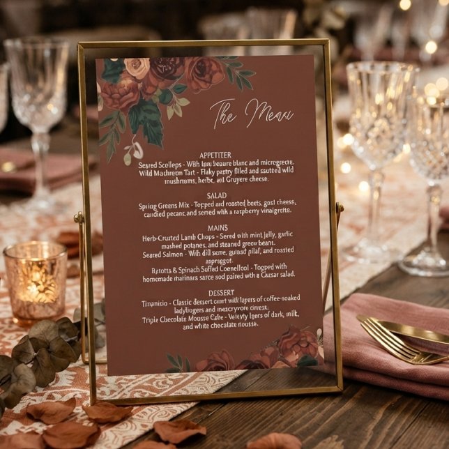 Rustic Brown Romantic Floral Menu ,Wedding Menu  Pedestal Sign (Creator Uploaded)