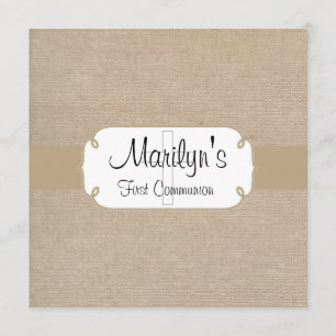 Rustic Brown Sand and Beige Burlap First Communion Invitation