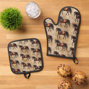 Rustic Brown Southwest Horses Cowboy Cowgirl Oven Mitt & Pot Holder Set