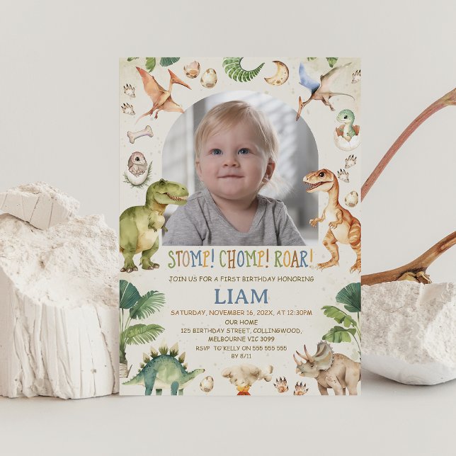 Rustic Brown Stomp Chomp Roar Dinosaur Birthday Invitation (Dinosaur Birthday Invitation, Dino, Stomp Chomp Roar Invitation, Stomp Chomp and Roar Invite, Photo)