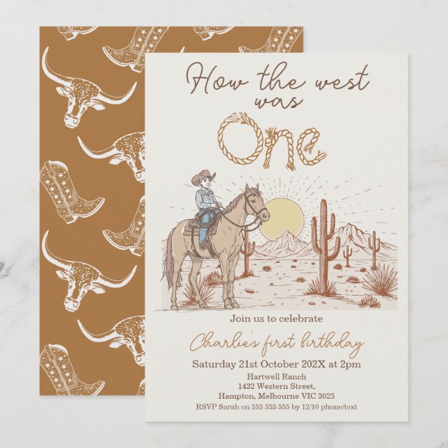 Rustic Brown Sunset How West Was One 1st Birthday Invitation (Front/Back)