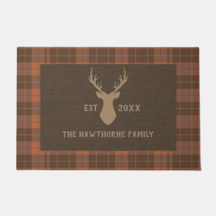 Rustic brown tartan Custom Family Name Deer Buck Doormat