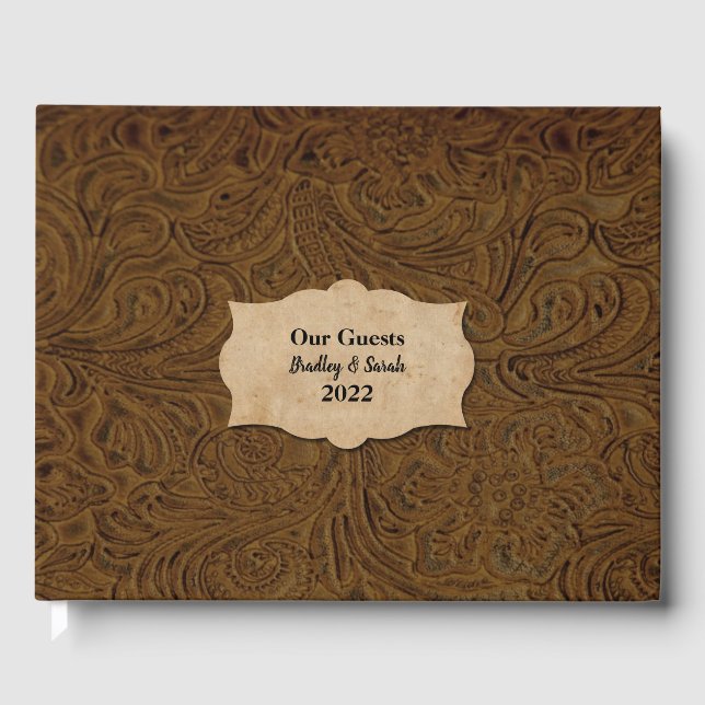 Rustic Brown Tooled Leather (Faux) Personalised Guest Book (Front)