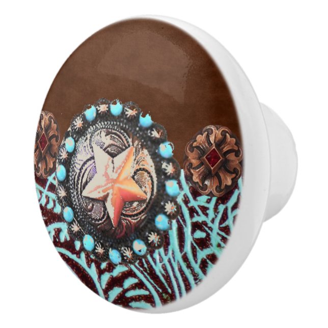 Rustic Brown Turquoise Cowboy Western Country Star Ceramic Knob (Right)