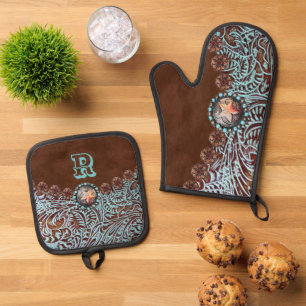 Rustic Brown Turquoise Western Country Monogram Oven Mitt & Pot Holder Set