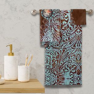 Rustic brown turquoise western country pattern  bath towel set
