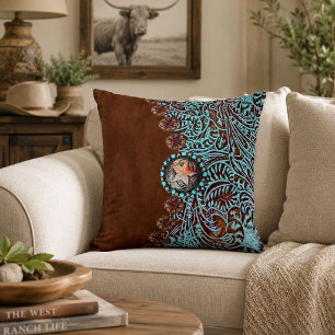 Rustic brown turquoise western country pattern cushion