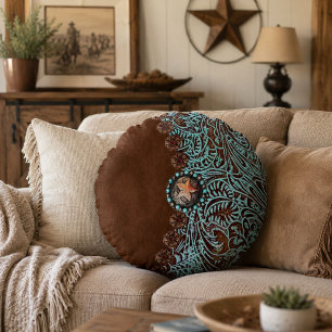 Rustic brown turquoise western country pattern round cushion