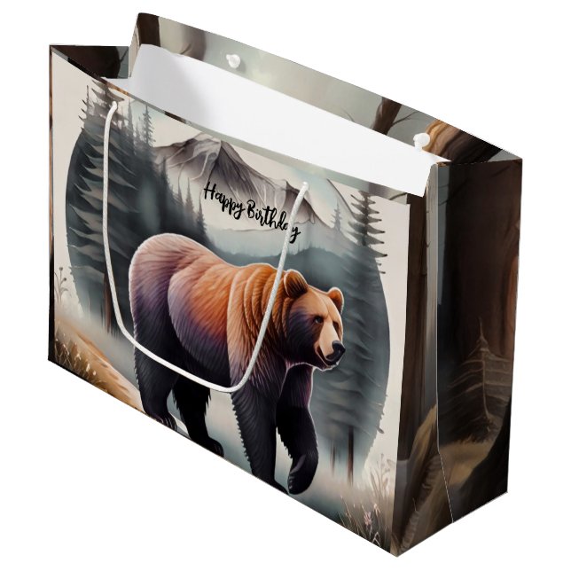 Rustic Brown Watercolor Bear Large Gift Bag (Front Angled)