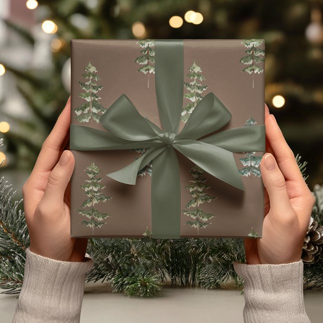 Rustic Brown Watercolor Evergreen  Wrapping Paper (Creator Uploaded)