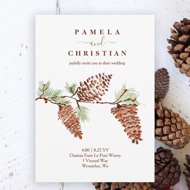 Rustic Brown Watercolor Pinecones Wedding Invitation (rustic winter wedding invitation watercolor pinecones pine needles winter plants pine tree artwork)