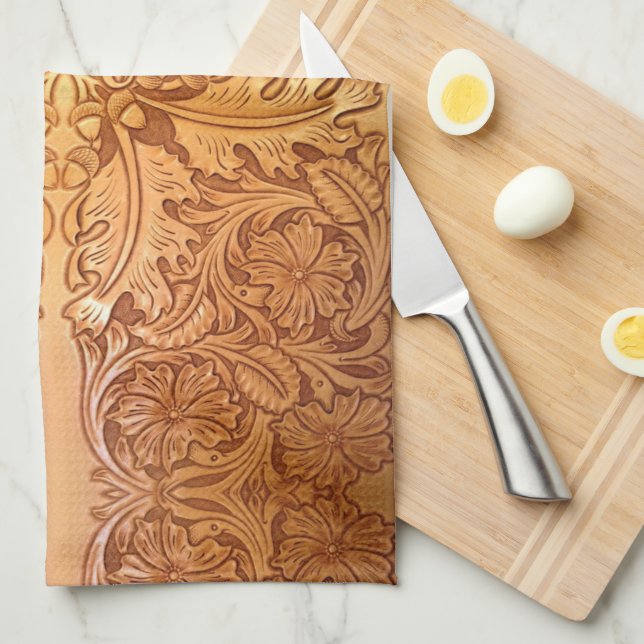 Rustic brown western country leather print tea towel (Quarter Fold)
