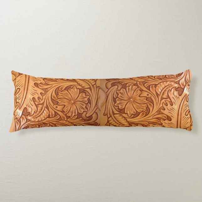 Rustic brown western country tooled leather body cushion (Front)