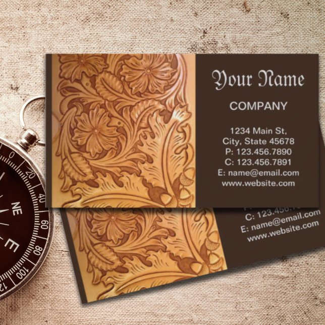 Rustic brown western country tooled leather business card (Rustic brown western country tooled leather business card)