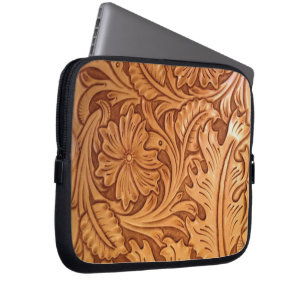 Rustic brown western country tooled leather laptop sleeve