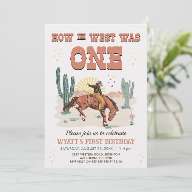 Rustic Brown Western How West Was One 1st Birthday Invitation (Standing Front)