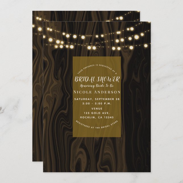 Rustic Brown Whimsical Wood Lights Bridal Shower Invitation (Front/Back)