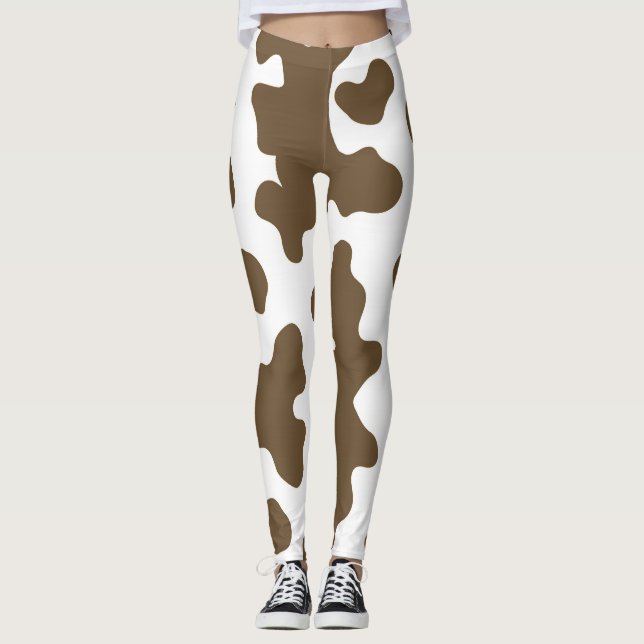 Rustic Brown  & White Cow Print Country Western Leggings (Front)