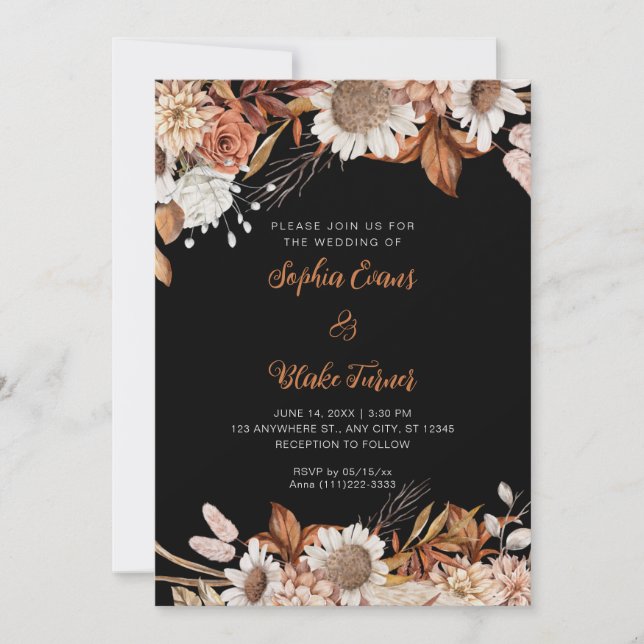Rustic Brown White Flowers Boho Grey Wedding Invitation (Front)