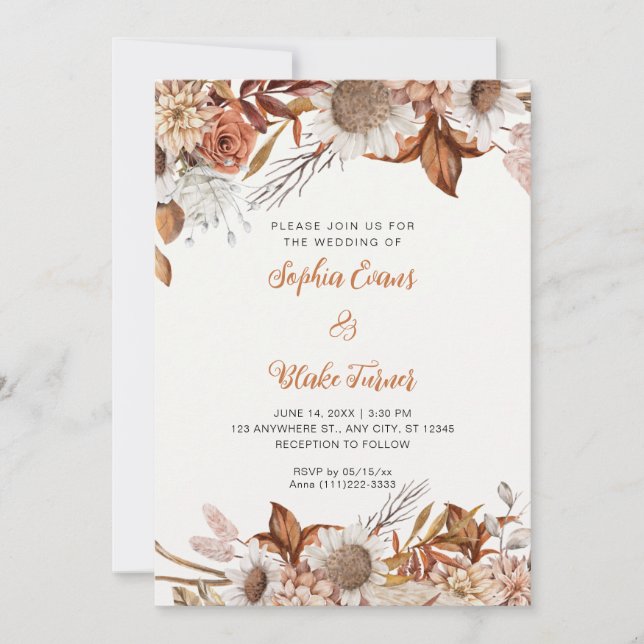 Rustic Brown White Flowers Boho Off White Wedding Invitation (Front)