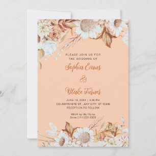 Rustic Brown White Flowers Boho Orange Wedding Invitation