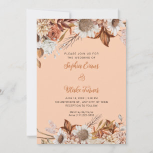 Rustic Brown White Flowers Boho Orange Wedding Invitation