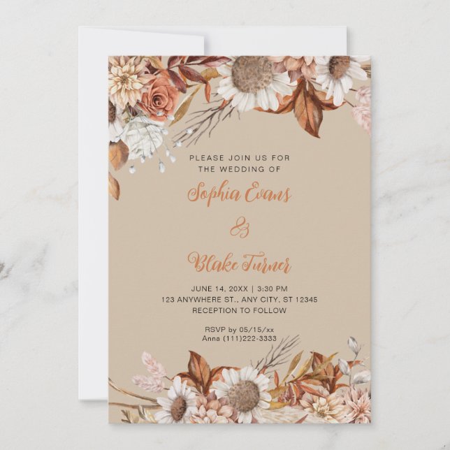 Rustic Brown White Flowers Boho Vanilla Wedding Invitation (Front)