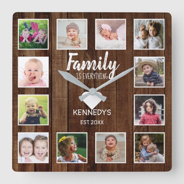 Rustic Brown Wood 12 Photo Collage Family Quote Square Wall Clock (Front)