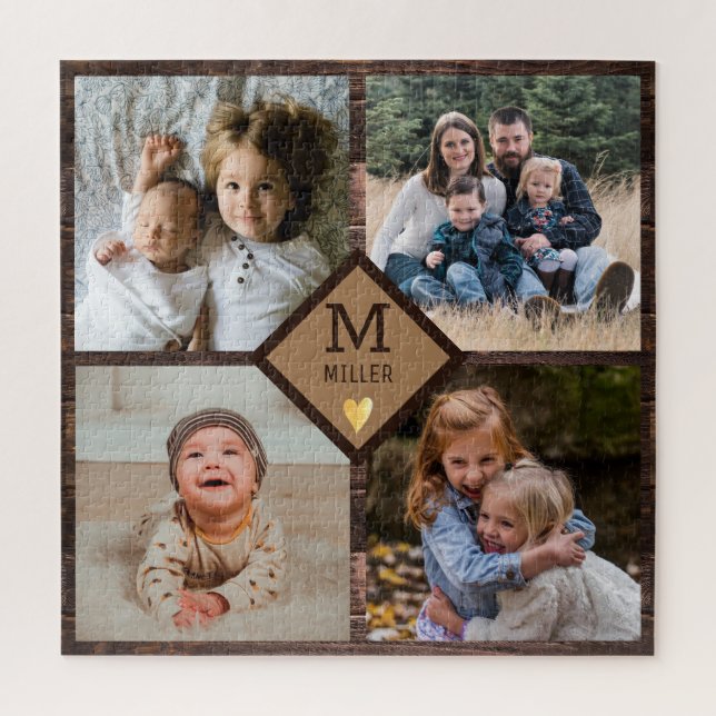 Rustic Brown Wood 4 Family Photo Collage Monogram Jigsaw Puzzle (Vertical)