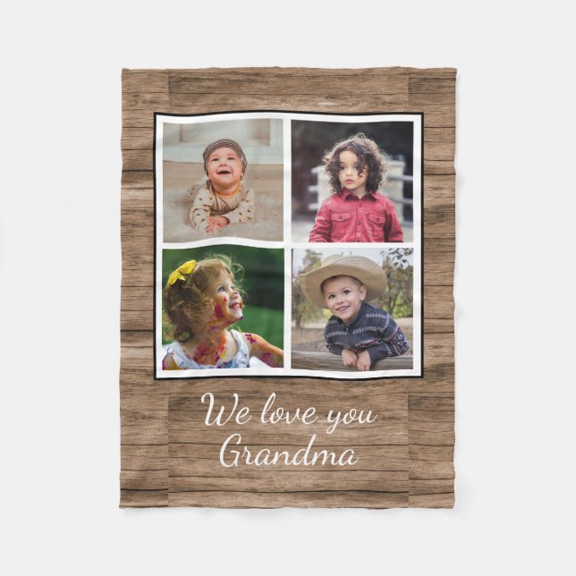 Rustic Brown Wood 4 Photo Collage Grandma Fleece Blanket (Front)