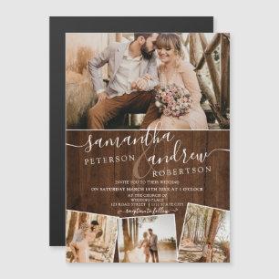 Rustic brown wood chic script 4 photos wedding  magnetic invitation
