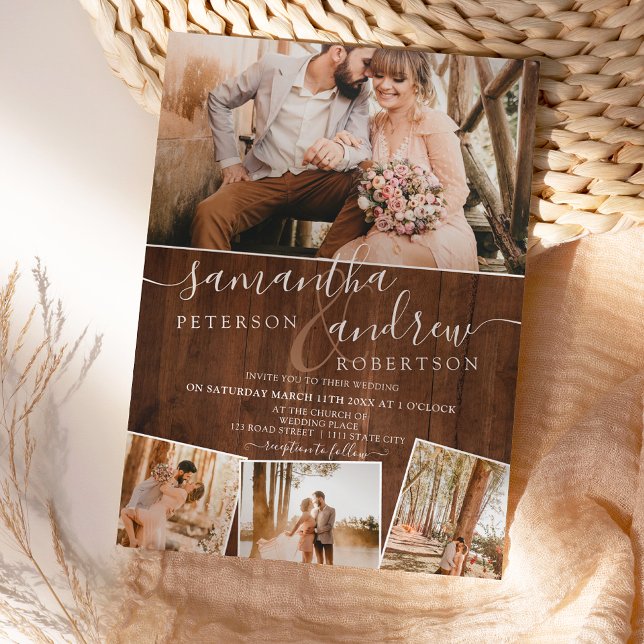Rustic brown wood chic script 5 photos wedding invitation (Creator Uploaded)