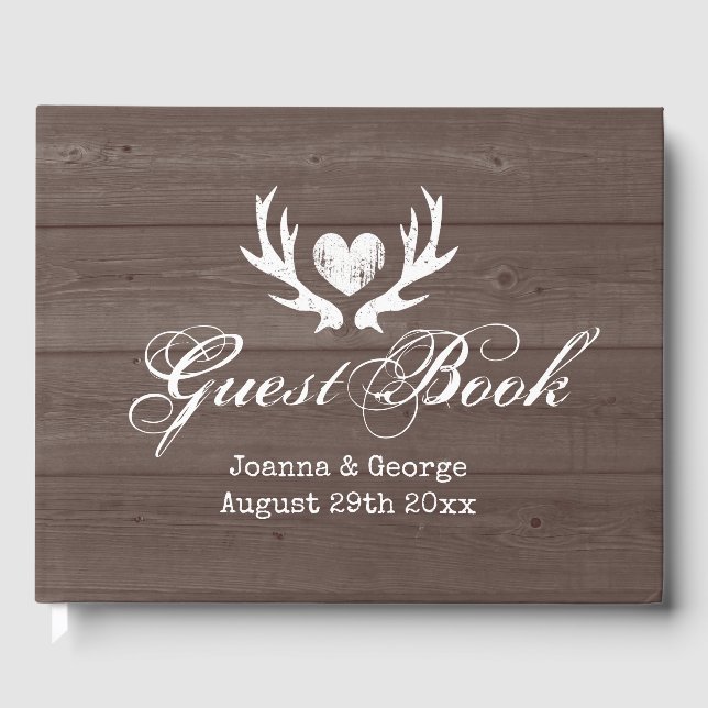 Rustic brown wood country chic deer antler wedding guest book (Front)