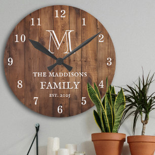 Rustic Brown Wood Custom Family Monogram and Name Round Clock
