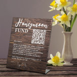Rustic Brown Wood Elegant QR Code Honeymoon Fund Pedestal Sign<br><div class="desc">Rustic design with elegant script typography in white and brown colours.
Text to personalise.</div>