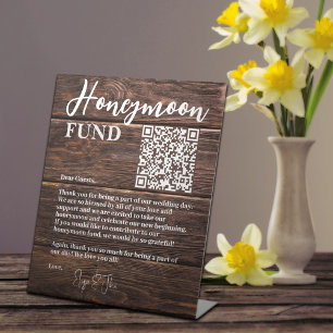Rustic Brown Wood Elegant QR Code Honeymoon Fund Pedestal Sign