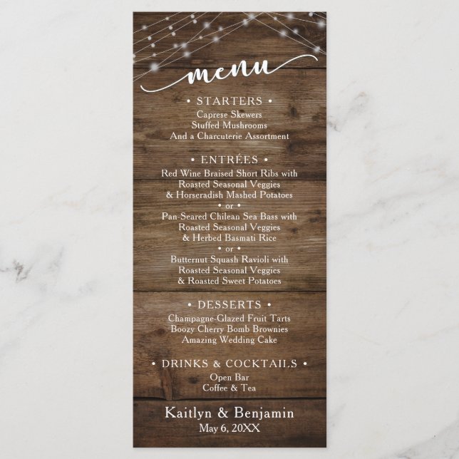 Rustic Brown Wood Fairy Lights, Elegant Typography Menu (Front)