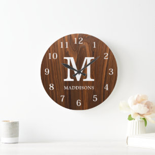 Rustic Brown Wood Family Custom Name Farmhouse Large Clock