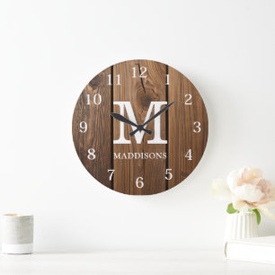 Rustic Brown Wood Family Custom Name Farmhouse Large Clock