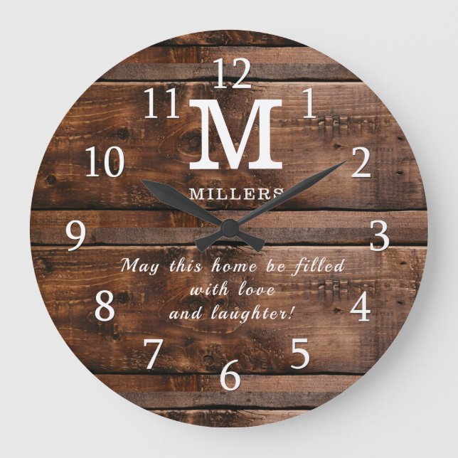 Rustic Brown Wood Family Monogram Quote Large Clock (Front)
