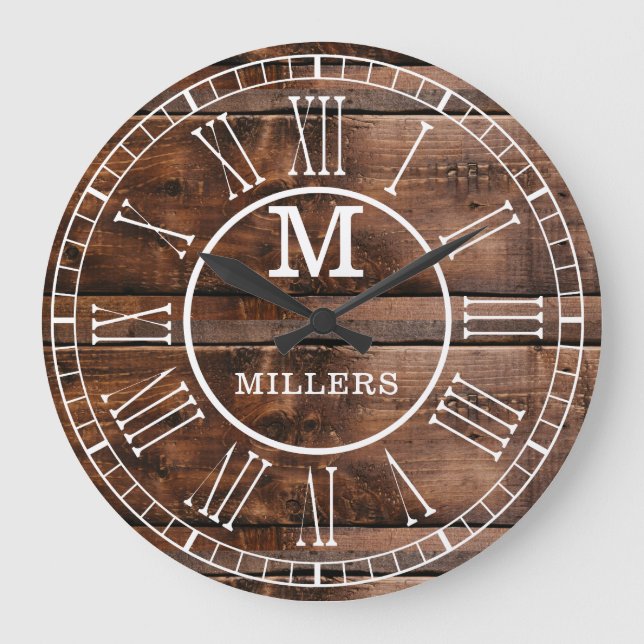 Rustic Brown Wood Family Name Monogram Large Clock (Front)