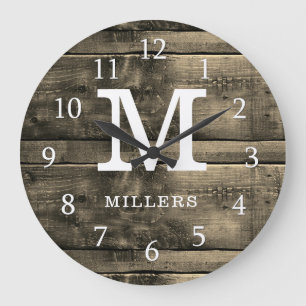 Rustic Brown Wood Family Name Monogrammed Large Clock