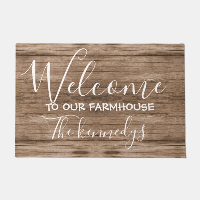 Rustic Brown Wood Farmhouse Welcome Doormat (Front)