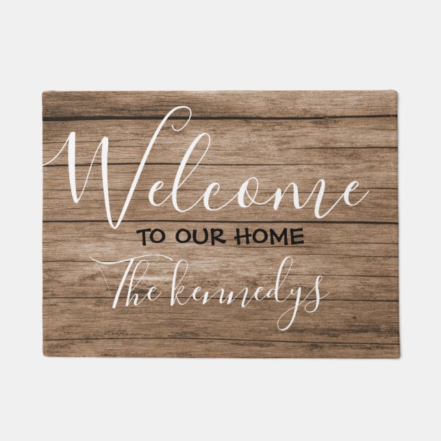 Rustic Brown Wood Farmhouse Welcome Doormat (Front)